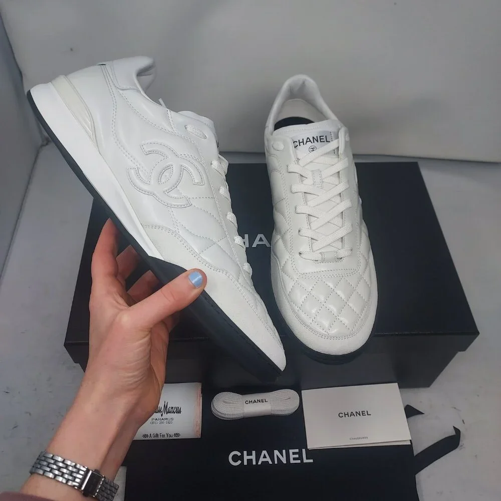 CHANEL 24A Quilted CC White Black MENS Sneaker - Picture 1 of 12